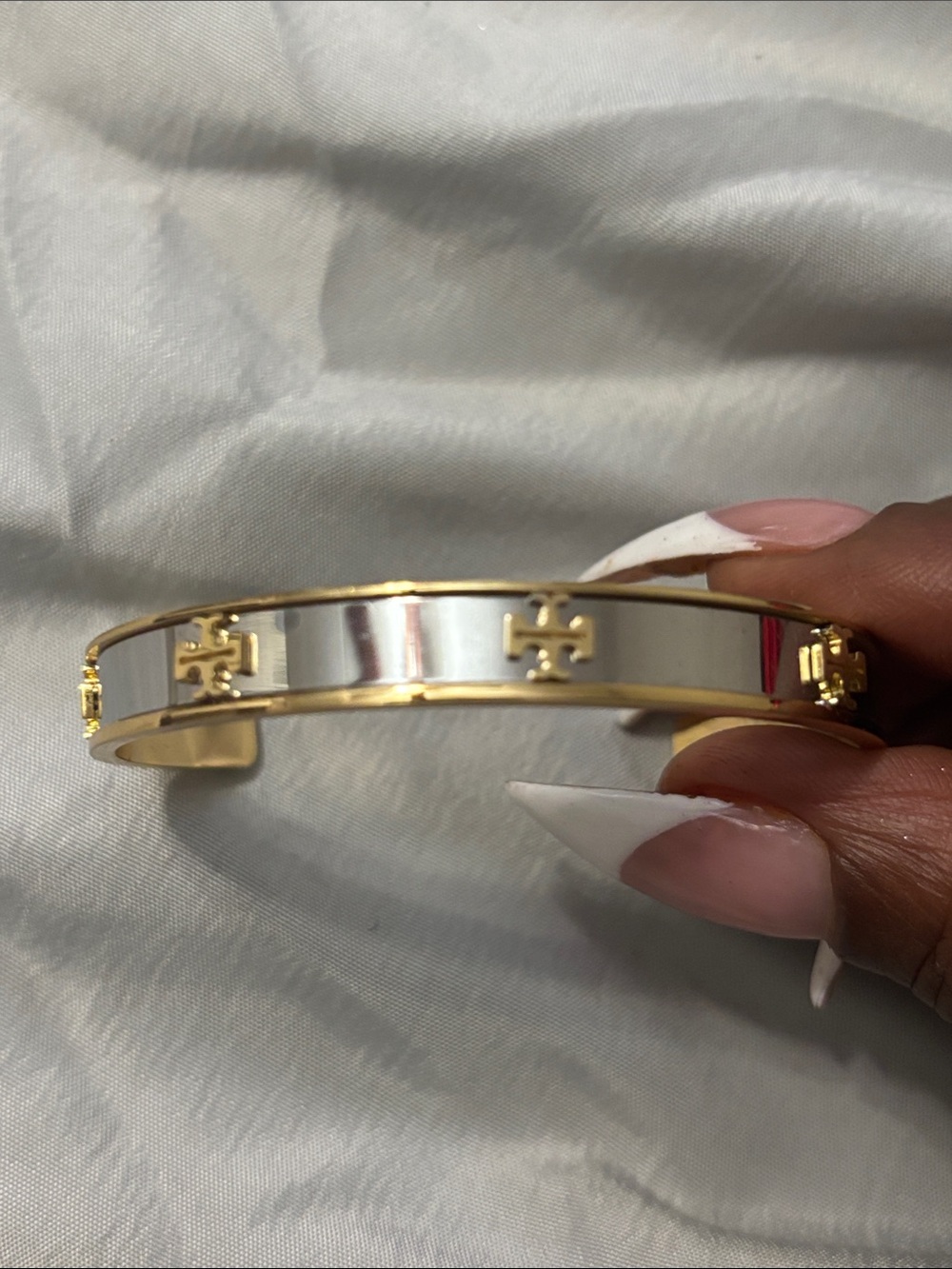 Tory Burch Gold and Silver Logo Accent Cuff Bracelet